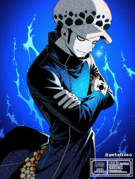 1boy black_coat black_hair blue_background closed_mouth coat cowboy_shot crossed_arms earrings facial_hair goatee hand_tattoo hat jewelry long_sleeves male_focus multiple_earrings one_piece petalcoco piercing short_hair sideburns smile solo tattoo trafalgar_law watermark yellow_eyes zipper