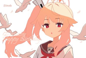 1girl :o absurdres animal bird black_sailor_collar blue_archive choppy_bangs commentary english_commentary halo happy_birthday highres long_hair looking_at_viewer natsu_(blue_archive) open_mouth pink_hair pink_halo pixel_art red_eyes sailor_collar shirt side_ponytail slmnk10124 solo upper_body white_background white_shirt