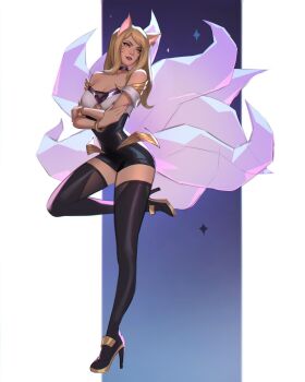 Rule 34 | 1girl, ahri (league of legends), animal ears, bare shoulders, black thighhighs, blonde hair, bracelet, breasts, choker, cleavage, commentary, earrings, english commentary, facial mark, fox ears, fox tail, full body, high heels, highres, jewelry, k/da (league of legends), k/da ahri, large breasts, league of legends, long hair, looking to the side, smile, solo, tail, thighhighs, wenzuki, whisker markings, yellow eyes