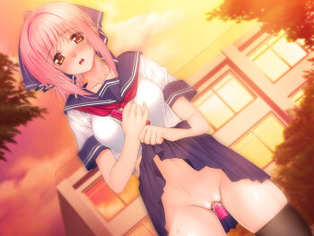 1girl blush censored clothes_lift game_cg iizuki_tasuku kirihara_mana no_panties object_insertion pink_hair school_uniform sex_toy skirt skirt_lift temptation temptation_h thighhighs vibrator
