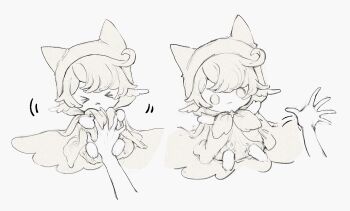 >_< :3 animal_ears bow bowtie brooch cat_ears cloak closed_mouth ear_covers faewish_sprite fins frown giroda_(infinity_nikki) grey_background greyscale happy head_fins hood hood_up hooded_cloak infinity_nikki jewelry kemonomimi_mode male_focus monochrome motion_lines nikki_(series) pov pov_hands romper sequential simple_background smile solid_oval_eyes star_brooch tinakko