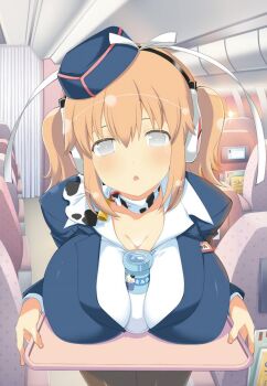 1girl airplane_interior bend between_breasts bottle breasts cleavage flight_attendant flight_attendant_hat grey_eyes hair_ribbon hat headphones highres huge_breasts large_breasts legs_together light_brown_hair milk milk_bottle open_mouth pantyhose plane ribbon senran_kagura short_hair solo thighs travel_attendant twintails ushimaru_(senran_kagura)