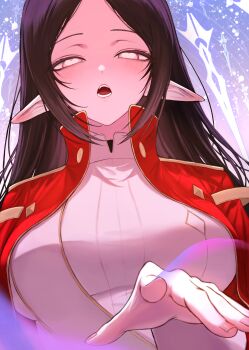 1girl absurdres adele_(maplestory) black_hair blush breasts cloak energy_sword fingernails floating floating_object floating_sword floating_weapon gold_trim heart heart-shaped_pupils highres large_breasts long_hair maplestory open_mouth parted_bangs pink_eyes pointy_ears reaching reaching_towards_viewer red_cloak sash se_tu_(55559229) shirt shoulder_sash solo sword symbol-shaped_pupils teeth undershirt weapon white_sash white_shirt