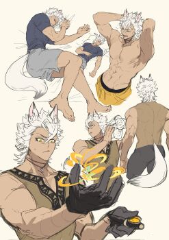 Rule 34 | 1boy, animal ears, black male underwear, black pants, blue shirt, brown gloves, brown shirt, closed eyes, dark-skinned male, dark skin, gloves, grey shorts, highres, holding log, jack howl, jip, male focus, male underwear, manly, multiple views, muscular, muscular male, open mouth, pants, shirt, shorts, sleeping, sleeveless, sleeveless shirt, tail, topless male, twisted wonderland, underwear, white hair, wolf ears, wolf tail, yawning, yellow eyes