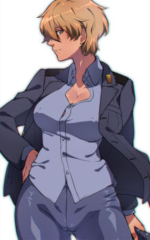 Rule 34 | 1girl, black pants, blonde hair, blush, brave witches, breasts, brown eyes, cameltoe, cleavage, collarbone, commentary request, covered erect nipples, earrings, em (totsuzen no hakike), gluteal fold, hand on own hip, hat, holding, holding unworn clothes, holding unworn hat, jewelry, large breasts, looking at viewer, military, military uniform, no pants, pants, pantyhose, short hair, simple background, smile, solo, standing, unworn hat, unworn headwear, waltrud krupinski, white background, world witches series