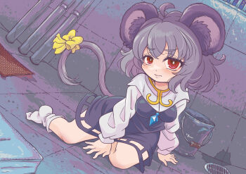 1girl ahoge animal_ears blush bow breasts bucket closed_mouth commentary_request cookie_(touhou) drain_(object) full_body grey_hair grey_skirt grey_vest highres indoors jewelry long_sleeves looking_at_viewer medium_breasts medium_hair mouse_ears mouse_tail nazrin necklace no_shoes nyon_(cookie) pendant red_eyes shirt skirt skirt_set socks solo tail tail_bow tail_ornament tile_floor tile_wall tiles touhou tsuzuchii vest white_shirt white_socks yellow_bow