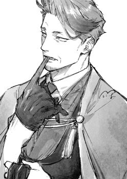 1boy blue_streaks cape collared_shirt facial_hair fate/grand_order fate_(series) glove_in_mouth glove_pull gloves goatee highres katsu_kaishuu_(fate) looking_to_the_side male_focus monochrome mouth_hold multicolored_hair necktie old old_man shirt simple_background solo streaked_hair suzuki_tsuta vest white_background