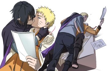 Rule 34 | 2boys, arm around neck, bandaged hand, bandages, black boots, black cloak, black gloves, black hair, black pants, blonde hair, blue eyes, boots, boruto: naruto next generations, cloak, closed eyes, commentary, distracted, fingerless gloves, gloves, grey shirt, hair between eyes, hand on another's neck, heavy breathing, highres, holding, holding paper, jacket, kiss, multiple boys, naruto (series), okbdko123, open-toe boots, orange jacket, pants, paper, reading, shirt, short hair, uchiha sasuke, untranslatable commentary, uzumaki naruto, white background, yaoi