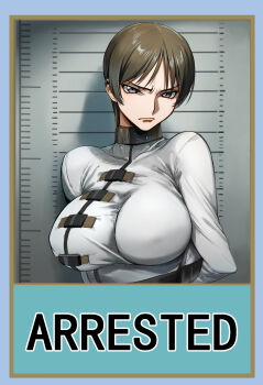 1girl absurdres breasts brown_hair chiba_nagisa code:074 code_geass frown grey_eyes highres large_breasts looking_at_viewer mugshot restrained scowl short_hair solo straitjacket upper_body