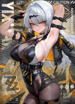 Rule 34 | 1girl, absurdres, arm belt, armpits, black bodystocking, black gloves, black jacket, black leotard, breasts, commentary, cowboy shot, fingerless gloves, gloves, grey background, hair ornament, hairclip, highres, jacket, jacket on shoulders, large breasts, leotard, long hair, looking at viewer, nekoya (nekodayo 22), parted lips, presenting armpit, solo, untranslatable commentary, white hair, yellow eyes, yixuan (zenless zone zero), zenless zone zero