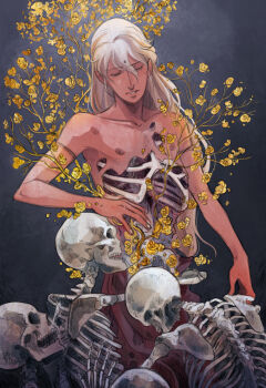 1boy ameliecausse bindi blonde_hair body_horror closed_eyes cowboy_shot exposed_bone eyelashes facial_mark flower forehead_mark hand_up highres hug long_hair male_focus parted_lips ribs saint_seiya skeleton solo_focus topless_male u_u virgo_shaka yellow_flower