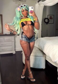 1girl bikini black_panties brazilian_miku brazilian_miku_(cosplay) cellphone cosplay dark-skinned_female dark_skin female_focus flip-flops full_body hair_ornament hatsune_miku hatsune_miku_(cosplay) highres indoors jeans_shorts kayyybear legs long_hair long_legs panties phone real_life sandals selfie short_shorts shorts smile solo standing sunglasses swimsuit tatto tattoo underwear