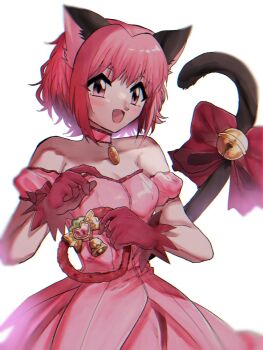 1girl :d animal_ears bare_shoulders bell blush bow breasts cat_ears cat_girl cat_tail choker commentary_request cowboy_shot dress fang gloves highres holding mew_ichigo momomiya_ichigo off-shoulder_dress off_shoulder open_mouth pink_choker pink_eyes pink_hair puffy_short_sleeves puffy_sleeves red_bow red_gloves short_hair short_sleeves simple_background small_breasts smile solo standing strawbell_bell tail tail_bell tail_bow tail_ornament tokyo_mew_mew white_background z_uum9