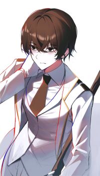 1boy absurdres bags_under_eyes black_eyes black_hair black_necktie collared_shirt cowboy_shot hana_association_south_uniform hand_up hi_i_dubu highres limbus_company long_sleeves looking_to_the_side male_focus necktie pants project_moon shirt simple_background solo white_background white_pants white_shirt yi_sang_(project_moon)