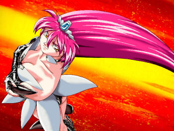 1990s_(style) 1girl bad_id black_choker black_gloves black_skirt black_thighhighs blue_gem breasts brown_eyes choker cleavage closed_mouth cosplay crossed_arms elbow_gloves fingerless_gloves from_above gem gloves kohsaka_jun long_hair magical_girl mahou_shoujo_pretty_sammy medium_breasts microskirt pink_hair pixy_misa pixy_misa_(cosplay) ramia_(mahou_shoujo_pretty_sammy) red_background retro_artstyle shirt skirt smile solo standing strapless strapless_shirt tenchi_muyou! thighhighs tiara very_long_hair white_shirt