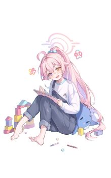 1girl :d absurdres ahoge barefoot blue_archive blue_eyes commentary drawing_(action) feet flower gyuromi158 halo heterochromia highres hoshino_(blue_archive) long_hair looking_at_viewer open_mouth pants pencil pink_halo ponytail shirt simple_background sitting smile stuffed_whale symbol-only_commentary toy white_background white_shirt yellow_eyes