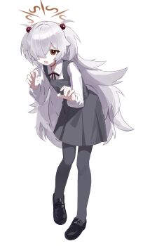 1girl absurdres black_pantyhose blue_archive brown_eyes brown_halo claw_pose collared_shirt commentary_request dress grey_hair hair_over_one_eye halo highres kanoe_(blue_archive) long_hair long_sleeves looking_at_viewer mary_janes masiiiiiiro occult_studies_club_(blue_archive) open_mouth pantyhose pinafore_dress ribbon scar scar_on_neck shirt shoes simple_background sleeveless sleeveless_dress solo very_long_hair white_background white_shirt