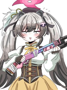<|>_<|> 1girl :3 animal_ears black_gloves black_ribbon blue_archive blush commentary_request cosplay cowboy_shot detached_sleeves fingerless_gloves flying_sweatdrops gloves grey_hair gun hair_ribbon halo highres holding holding_gun holding_weapon long_hair looking_at_viewer magical_girl mahou_shoujo_madoka_magica mahou_shoujo_madoka_magica_(anime) michiru_(blue_archive) mizuhashi_kaori open_mouth pink_halo puffy_short_sleeves puffy_sleeves pump_action raccoon_ears raccoon_girl raccoon_hair_ornament remington_870 ribbon short_sleeves shotgun simple_background single_sidelock smile solo sweatdrop tachikaze_miyako thick_eyebrows tomoe_mami tomoe_mami_(cosplay) tomoe_mami_(magical_girl) translation_request twintails upper_body very_long_hair voice_actor_connection weapon white_background yellow_eyes