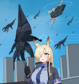 1girl animal_ear_fluff animal_ears armband battle black_gloves blonde_hair blue_archive blue_eyes blue_halo blue_jacket blue_necktie blue_shirt blue_sky breasts building city cityscape clenched_teeth cocktiel77 collared_shirt commentary contrail crossover day dog_ears dog_girl english_commentary epaulettes explosion extra_ears gloves hair_over_one_eye halo holding holding_walkie-talkie jacket kanna_(blue_archive) large_breasts laser long_hair looking_up mass_effect_(series) necktie open_mouth outdoors police police_badge police_uniform policewoman purple_armband reaper_(mass_effect) robot science_fiction sharp_teeth shirt sky sweatdrop teeth tie_clip vehicle_request walkie-talkie