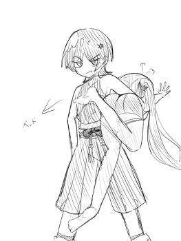 Rule 34 | 1boy, 1girl, anger vein, arms at sides, arrow (symbol), bare shoulders, belt, blunt ends, bodysuit, bow, carrying, carrying under arm, commentary, genshin impact, greyscale, hair bow, hakama, hakama shorts, hatching (texture), hetero, highres, japanese clothes, kgt1mzp8wzk83g6, leotard, linear hatching, long hair, looking at viewer, mandarin collar, mona (genshin impact), mona (pact of stars and moon) (genshin impact), monochrome, open hand, open mouth, outstretched arm, parted bangs, pleated shorts, rope, sash, scaramouche (genshin impact), shorts, sketch, sleeveless, sleeveless bodysuit, symbol-only commentary, thighhighs, translation request, tsurime, twintails, wanderer (genshin impact), white background
