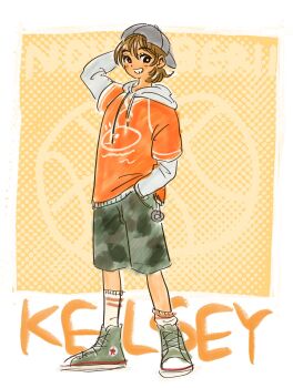 1boy backwards_hat baseball_cap black_eyes blush bright_pupils brown_hair camouflage camouflage_shorts character_name dark-skinned_male dark_skin drillramen full_body green_shoes grey_hat grin hand_in_pocket hat highres hood hood_down hoodie kel_(birthday)_(omori) kel_(faraway)_(omori) kel_(omori) long_sleeves looking_at_viewer low_ponytail male_focus omori open_mouth orange_hoodie ponytail shoes short_hair short_ponytail shorts smile sneakers socks solo teeth white_pupils white_socks