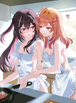 2girls :d absurdres ahoge apron asymmetrical_sidelocks azki_(hololive) black_hair blush braid breasts cleavage colored_inner_hair commentary_request cooking cutting_board day dhbwinner double-parted_bangs frilled_apron frills frying_pan grabbing_another's_breast grabbing_from_behind gradient_hair grin groping hair_intakes hair_ornament hairclip half_up_half_down_braid highres holding_pan hololive hololive_dev_is ichijou_ririka indoors long_hair looking_at_another medium_breasts mole mole_under_eye multicolored_hair multiple_girls naked_apron open_mouth orange_eyes orange_hair pink_hair pink_streaks ponytail purple_eyes short_ponytail sidelocks smile streaked_hair swept_bangs very_long_hair virtual_youtuber white_streaks yuri