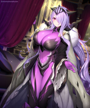 1girl black_gloves bodysuit breasts camilla_(fire_emblem) camilla_(light_of_nohr)_(fire_emblem) camilla_(light_of_nohr)_(resplendent)_(fire_emblem) cape cleavage crown fire_emblem fire_emblem_fates fire_emblem_heroes full_body fur_trim gloves grey_cape hair_over_one_eye highres huge_breasts kashiwamochi_yomogi large_breasts long_hair nintendo official_alternate_costume pink_eyes purple_eyes purple_hair smile solo tiara very_long_hair wavy_hair