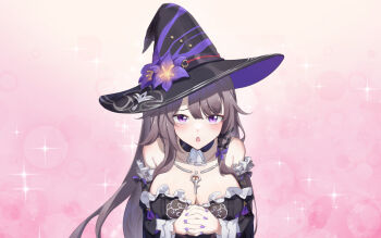 Rule 34 | 1girl, black dress, black hat, blush, breasts, brown hair, cleavage, commentary request, dress, hat, herta (honkai: star rail), honkai: star rail, honkai (series), large breasts, ling huanxiang, long hair, nail polish, open mouth, own hands together, purple eyes, purple nails, solo, the herta (honkai: star rail), very long hair, witch, witch hat