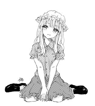 1girl blonde_hair buttons collar hat highres kashiwada_kiiho long_hair looking_to_the_side maribel_hearn mob_cap open_mouth shirt short_sleeves signature simple_background sitting skirt solo touhou wariza white_background white_hat