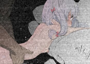 1boy 1girl blush bow breasts commentary_request completely_nude empty_eyes eromanga_sensei from_behind hair_bow hetero hugging_object izumi_sagiri kurai_nao loli long_hair looking_away lying nipples nude on_bed out_of_frame pillow pillow_hug rape sex small_breasts static tears torso_grab