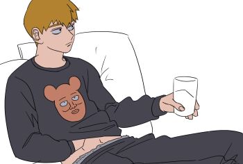 Rule 34 | 1boy, bithmath, black eyes, blonde hair, closed mouth, clothes lift, commentary request, cup, expressionless, hand on own stomach, hand under clothes, hand under shirt, highres, holding, holding cup, lifting own clothes, looking ahead, lounging, male focus, mob psycho 100, pants, partial commentary, pillow, reigen arataka, scratching, scratching stomach, shirt, shirt lift, solo, sweater, sweatpants, white background