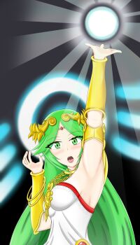 1girl amulet ancient_greek_clothes arm_up armlet armpit_focus armpits artist_request bare_shoulders breasts chain crease curled_fingers dark_background dress energy eyelashes female_focus fingernails focused forehead_jewel gold_chain gold_necklace greco-roman_clothes green_eyes green_hair hair_flaps hair_ornament halo hand_up head_chain highres incoming_attack jewelry kid_icarus kid_icarus_uprising large_breasts laurel_crown light_blush long_hair looking_at_viewer lots_of_jewelry matching_hair/eyes neck neck_ring necklace nintendo no_bra open_hand open_mouth orb outstretched_arm palutena parted_bangs scan shouting sideboob sidelocks strapless strapless_dress tiara turning_head vambraces very_long_hair white_dress winged_halo