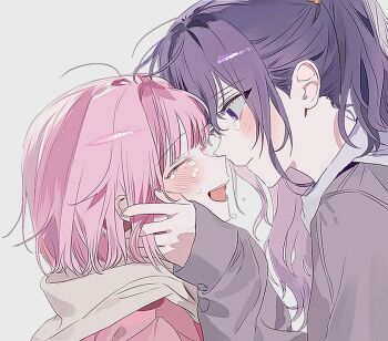 1005_0827 2girls asahina_mafuyu blush closed_eyes closed_mouth commentary grey_background grey_hoodie hood hoodie long_hair looking_at_another multiple_girls ootori_emu open_mouth pink_hair ponytail project_sekai purple_eyes purple_hair short_hair simple_background smile tears yuri