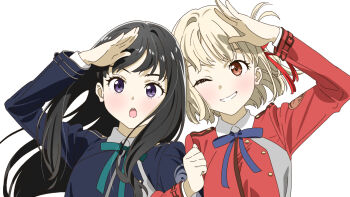 2girls :o aqua_ribbon arm_up black_hair black_shirt blonde_hair blue_ribbon bob_cut breasts brown_eyes buttons cel_shading collared_shirt couple grin hair_ribbon inoue_takina kurako_(42237705) locked_arms long_hair long_sleeves looking_at_viewer lycoris_recoil lycoris_uniform medium_breasts multiple_girls neck_ribbon nishikigi_chisato one_eye_closed open_mouth purple_eyes red_ribbon red_shirt ribbon salute shirt short_hair sidelocks simple_background smile upper_body white_background yuri