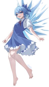 1girl ahoge bare_arms bare_legs barefoot blue_dress blue_eyes blue_hair cirno commentary dress fairy fang full_body highres ice ice_wings looking_at_viewer multiple_wings neck_ribbon pinafore_dress red_ribbon ribbon shirt short_hair short_sleeves signature simple_background skin_fang sleeveless sleeveless_dress smile solo toenails toes touhou white_background white_shirt wings youqia