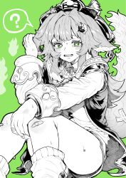 Rule 34 | 1girl, ?, absurdres, bandaid, bandaid on knee, bandaid on leg, blush, green background, greyscale, greyscale with colored background, hair ornament, hat, highres, honkai: star rail, honkai (series), huohuo (honkai: star rail), jewelry, long hair, long sleeves, looking at viewer, monochrome, open mouth, ring, sidelocks, simple background, sitting, socks, solo, spoken question mark, sweat, tail, tears, teeth, thighs, yin yang, yin yang hair ornament, yotsumi shiro