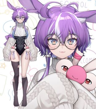1girl ahoge animal_ears asymmetrical_legwear black-framed_eyewear black_leotard black_socks black_thighhighs breasts fang glasses grey_hair grey_sweater highres jared_(michi_mochievee) ku-ini large_breasts leotard looking_at_viewer medium_hair michi_mochievee multicolored_hair official_alternate_costume purple_hair rabbit_ears rabbit_girl sidelocks single_fishnet_legwear skin_fang socks solo streaked_hair sweater thighhighs virtual_youtuber vshojo
