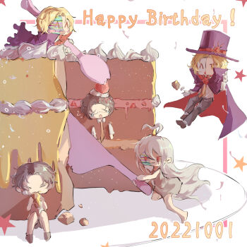 1girl 4boys ^_^ absurdly_long_hair absurdres alternate_costume antenna_hair bare_arms bare_legs bare_shoulders barefoot birthday birthday_cake black_hair blonde_hair blush_stickers brooch brown_footwear brown_necktie cake cape chibi chinese_commentary closed_eyes collared_cape commentary_request cracked_skin crumbs crying danganronpa_(series) danganronpa_another dated dress dress_shoes eating english_text expressionless floating_clothes floating_hair flower flower_brooch food fruit glasses glitch gloves grey_dress grey_footwear grey_pants grey_shorts grin half_mask happy happy_birthday hat hat_ornament heart_antenna_hair high_collar highres holding holding_knife holding_spork in_food knife light_particles loafers long_hair long_sleeves lying mask mini_person miniboy minigirl multiple_boys necktie no_headwear object_floating_above_hand on_back on_food one_eye_closed open_mouth oversized_object pants plate purple_cape purple_hat red_cape red_eyes red_flower red_rose rose sannoji_mikado sannoji_mikado_(real) setsuna_reed sharp_teeth shirt shoes short_dress short_hair shorts sleeveless sleeveless_dress smile socks sora_(super_danganronpa_another_2) spoilers spork star_(symbol) star_symbol_background strawberry strawberry_slice sun_hat_ornament sun_symbol super_danganronpa_another_2 tank_top tears teeth top_hat two-sided_cape two-sided_fabric very_long_hair white_background white_gloves white_hair white_mask white_shirt white_socks white_tank_top yellow_eyes