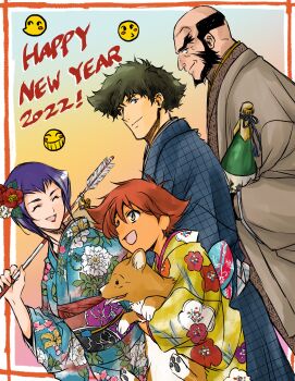 Rule 34 | absurdres, cowboy bebop, edward wong hau pepelu tivrusky iv, ein (cowboy bebop), faye valentine, highres, japanese clothes, jet black, kimono, new year, spike spiegel, tobalin