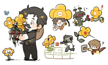 Rule 34 | 4boys, ?, animal ears, bird boy, bird wings, biting, black hair, brown hair, chibi, chibi only, commentary, crossover, docm77, explosive, facial hair, flowey (undertale), goodtimeswithscar, grian (youtuber), head biting, hermitcraft, holding, horns, luminous slime, male focus, minecraft, minecraft youtube, multiple boys, mumbo jumbo (youtuber), mustache, parody, plants vs. zombies, pointy ears, red sweater, sheep boy, sheep ears, sheep horns, shirt, short hair, simple background, sweater, symbol-only commentary, tied sweater, tnt, tnt block (minecraft), undertale, utdr (toby fox), walking, white background, wings, yellow shirt