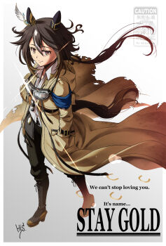 1girl animal_ears black_boots black_hair boots brown_eyes brown_hair closed_mouth coat commentary_request compass ear_covers english_text goggles goggles_around_neck hair_between_eyes hands_in_pockets highres himegami_shino horse_ears horse_girl horse_tail long_hair multicolored_hair shirt smile solo stay_gold_(sunlit_outsider)_(umamusume) stay_gold_(umamusume) tail torn_clothes torn_coat umamusume white_hair white_shirt wrist_belt yellow_coat