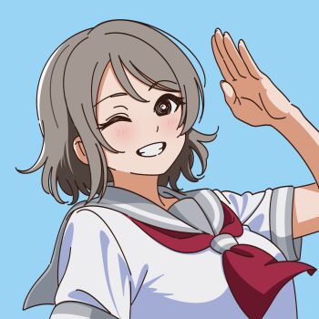 1girl @_@ arm_up asymmetrical_bangs blue_background blush breasts brown_hair close-up grey_hair grey_sailor_collar head_tilt highres looking_at_viewer love_live! love_live!_sunshine!! neckerchief necktie nose one_eye_closed red_neckerchief sailor_collar salute school_uniform serafuku short_hair short_sleeves simple_background sleeve_cuffs smile solo summer_uniform swept_bangs teeth uranohoshi_school_uniform uyu1023 watanabe_you wavy_hair