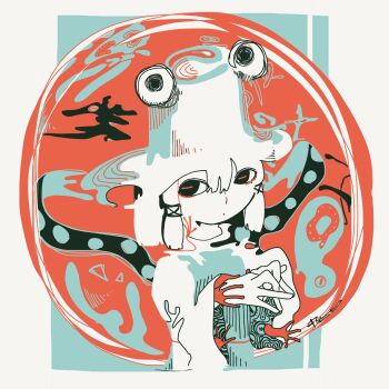 Rule 34 | 1girl, 3ma can omochi, abstract, closed mouth, commentary request, dot mouth, expressionless, eye on hat, facing ahead, flat color, hair tubes, hands up, hat, highres, interlocked fingers, limited palette, medium hair, moriya suwako, own hands clasped, own hands together, rectangular pupils, shirt, sidelocks, sideways glance, solo, touhou, wide sleeves