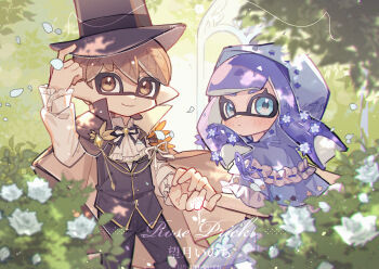 1boy 1girl artist_name black_cape black_hat black_pants black_ribbon black_vest blonde_hair blue_dress blue_eyes blunt_bangs blurry blurry_foreground blush cape closed_mouth cowboy_shot dress flower hat highres inkling inkling_boy inkling_girl inkling_player_character leaf long_hair long_sleeves looking_at_viewer mochizuki_inochi neck_ribbon nintendo pants purple_hair ribbon rose shirt short_hair smile splatoon_(series) standing tentacle_hair thick_eyebrows top_hat vest watermark white_flower white_rose white_shirt yellow_eyes