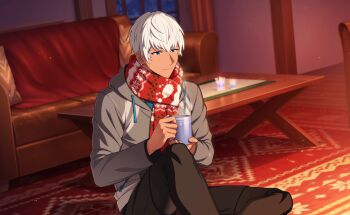 Rule 34 | 1boy, alternate costume, black pants, blue eyes, closed mouth, couch, cup, dark-skinned male, dark skin, game cg, happy elements, helios rising heroes, highres, holding, holding cup, hood, hoodie, indoors, jacket, long sleeves, male focus, mug, non-web source, official art, oscar bale, pants, red scarf, scarf, short hair, sitting, smile, solo, table, white hair