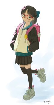 1girl absurdres backpack bag brown_hair commentary_request dated full_body glasses hands_in_pockets highres hirasawa_you hood hoodie looking_at_viewer original pleated_skirt randoseru shoes skirt sneakers solo standing thighhighs