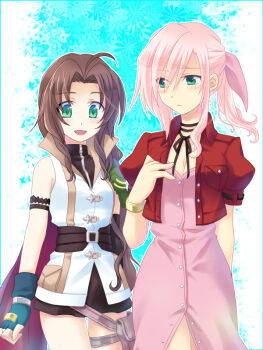 2girls aerith_gainsborough aerith_gainsborough_(cosplay) blush bow breasts cleavage cosplay costume_switch crossover dress final_fantasy final_fantasy_vii final_fantasy_xiii fingerless_gloves gloves green_eyes lightning_farron lightning_farron_(cosplay) miniskirt multiple_girls pink_bow pink_dress pink_hair sakamoto_maaya voice_actor_connection skirt soukuu_kizuna thigh_strap