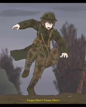 1girl ammunition_pouch bag barbed_wire belt black_frame boots braces breasts british_army brodie_helmet brown_hair cloud cloudy_sky collared_jacket combat_helmet english_text epaulettes explosion grey_sky helmet jacket military military_combat_uniform military_jacket military_uniform open_mouth original phenol_r pouch pouch_bag rock sky world_war_i yellow_eyes