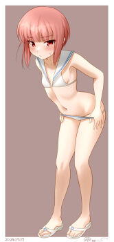 1girl bikini brown_eyes brown_hair full_body grey_background groin kantai_collection leaning_forward looking_at_viewer navel one-hour_drawing_challenge ray.s sailor_bikini sailor_collar sandals short_hair simple_background solo swimsuit undressing white_bikini white_sailor_collar z3_max_schultz_(kancolle) z3_max_schultz_(swimsuit)_(kancolle)