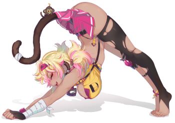 1girl animal animal_ears ass bandaged_arm bandages bandana barefoot black_thighhighs blonde_hair breasts dark-skinned_female dark_skin fangs feet fingerless_gloves from_side full_body gloves goggles goggles_around_neck hanging_breasts highres indie_virtual_youtuber koko_d._nuts large_breasts looking_at_viewer monkey multicolored_hair nails open_mouth pink_eyes pink_hair profile shihouin_yoruichi_stretching_(meme) simple_background skindentation skirt smile srinitybeast stretching suspenders tail thighhighs toeless_legwear toes top-down_bottom-up torn_clothes torn_thighhighs twintails two-tone_hair virtual_youtuber white_background